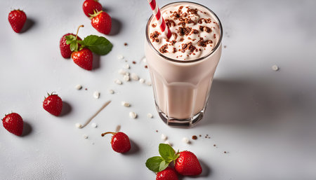 A glass of strawberry milkshake topped with chocolate crumbs and cream. Surrounding the milkshake are fresh strawberries.の写真素材