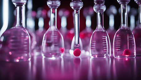 Close up of a science experiment with a glass of water and a red fruit. The fruit is being dropped...