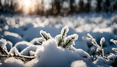 A close-up photo of a snowy forest scene with sun shining through the trees. The snow-covered...