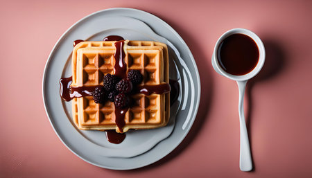 Overhead view of a waffle topped with chocolate sauce and blackberries.