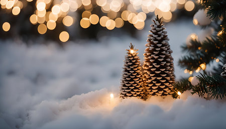 Two pine cones decorated for Christmas stand in the snow, illuminated by warm string lights. The background features a blurred bokeh of golden lights.の写真素材