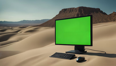 A computer with a green screen monitor placed in a desert landscape.の写真素材