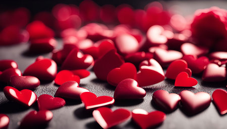 Close-up shot of red hearts scattered on a dark background.の写真素材