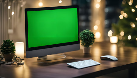 A close-up shot of a computer desktop with a green screen monitor, keyboard, and mouse. The desk is...