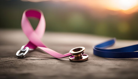 A pink ribbon, a symbol of breast cancer awareness, lies on a wooden surface. A stethoscope rests near the ribbon, symbolizing the fight against cancer and the importance of medical care. The blurred sunset background adds a warm and hopeful tone to the image.の写真素材