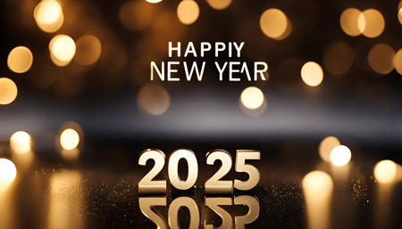 A close-up image of the numbers 2025 in gold against a background of sparkling lights, signifying a...
