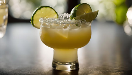 A close-up of a margarita cocktail garnished with lime wedges and a salted rim. The drink is...