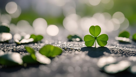 A close-up image of a vibrant green clover leaf bathed in sunlight, showing its delicate features and intricate patterns. The blurred background creates a soft, dreamy ambiance.の写真素材
