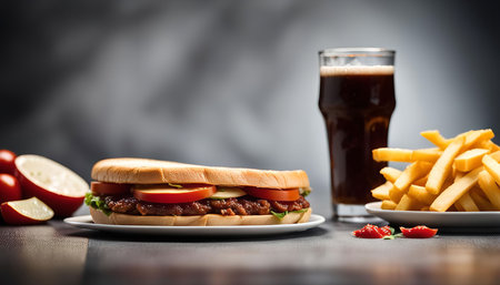 A delicious sandwich with french fries and a glass of beer. The sandwich is filled with tomatoes,...