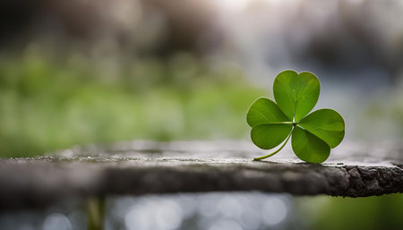 A close-up shot of a single clover leaf, resting on a piece of wood, with a blurred background of green foliage.の写真素材