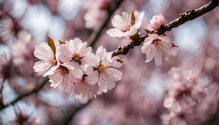 Close-up photo of a delicate pink blossom branch, capturing the beauty of spring.の写真素材