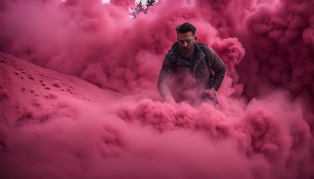 Man in a gray jacket standing in a pink smoke cloud.