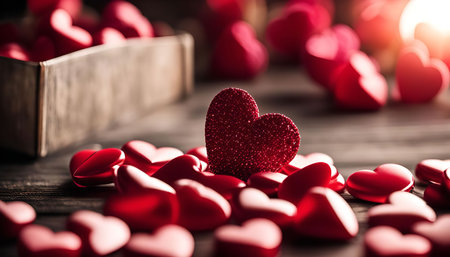 Red hearts scattered on a wooden table, creating a romantic and festive atmosphere for Valentine's...