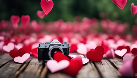 A camera sits on a wooden table surrounded by hearts, perfect for capturing the joy of Valentine's...