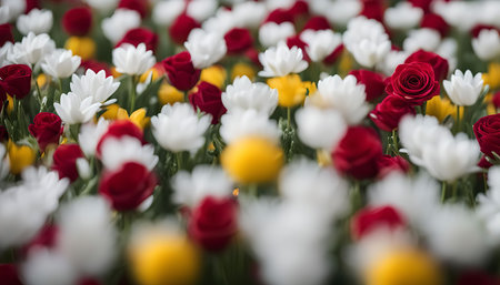 A beautiful close-up view of a field of red, white, and yellow flowers, showing the vibrant colors and delicate petals.の写真素材