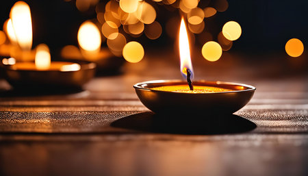 A single candle burns brightly, casting a warm glow against a dark background. The flame flickers...