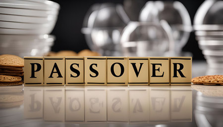 Close-up of the word "Passover" spelled out with wooden blocks, symbolizing the Jewish holiday and its significance. Matzah, a traditional unleavened bread, is visible in the foreground, representing a key element of the Passover Seder.の写真素材