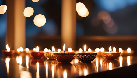 A close-up image of lit candles, illuminated against a blurred background. The candles are arranged...