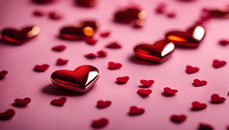 Close-up of red hearts scattered on a pink background for Valentine's Dayの写真素材