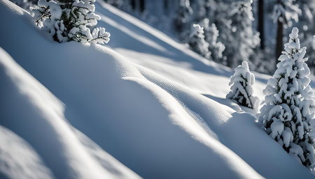 A snowy mountainside with pine trees covered in frost. The white snow creates a peaceful and serene...