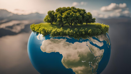 A digital illustration of a globe with a small green island on top of it representing nature and the planet.の写真素材