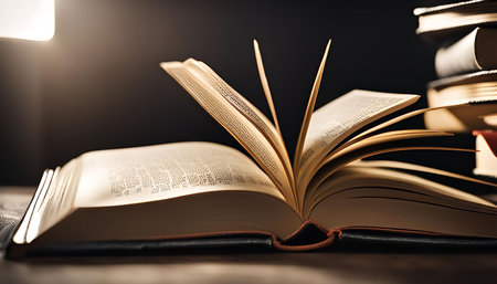 An open book with its pages fanned out, revealing the text. A stack of books sits in the background,...
