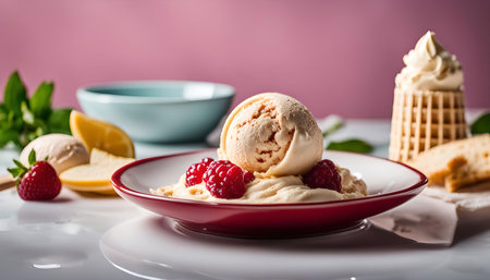 A scoop of creamy vanilla ice cream with fresh raspberries and whipped cream, presented on a red plate.の写真素材