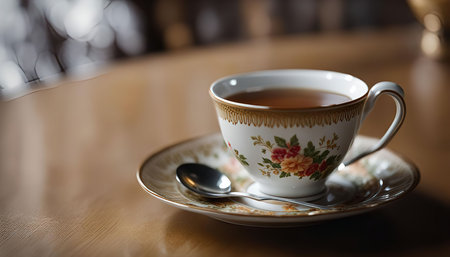 A close-up view of a porcelain teacup with a floral pattern, filled with steaming hot tea, resting...