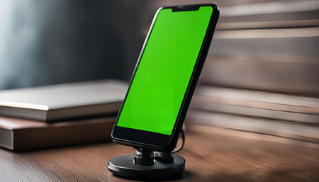 A smartphone with a green screen is placed on a wireless charging pad on a wooden table. The phone is positioned vertically, and the green screen is illuminated, ready for editing and displaying various content.の写真素材
