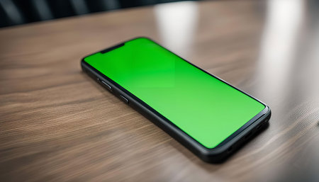 A modern smartphone with a green screen lying on a wooden table. The device is positioned on its...