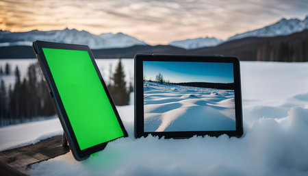 Two tablets are placed on a snowy surface with the backdrop of majestic mountains. One tablet...
