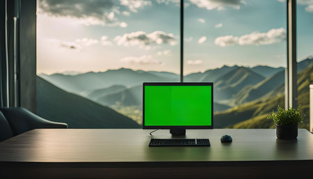 A computer with a green screen sits on a desk in front of a large window with a view of mountains. The office is modern and minimalist with a desk, chair and a plant.の写真素材