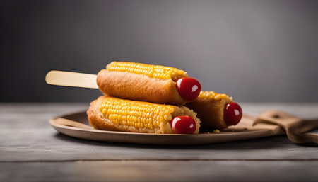 A stack of three golden corn dogs on a wooden plate, covered with sweet corn kernels and topped with red ketchup.の写真素材