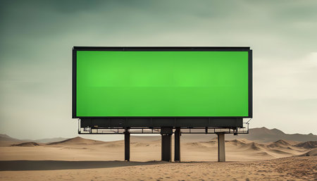 A large, blank billboard stands alone in a vast and desolate desert landscape. The billboard is green, signifying a space for a message, while the surrounding landscape is brown and dry. The sky is overcast, adding to the sense of solitude and emptiness.の写真素材