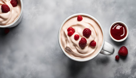 A close-up view of a mug filled with whipped cream and topped with fresh raspberries. The background is a light gray, creating a simple and elegant backdrop for the dessert.の写真素材