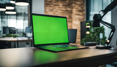 A modern office desk with a laptop featuring a green screen, perfect for video editing or presentations.の写真素材