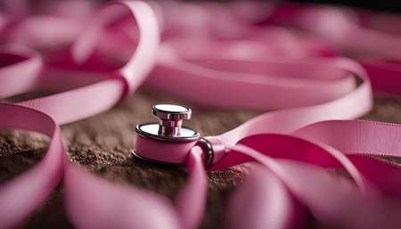 A close-up image of a pink object with a silver cap, surrounded by pink ribbons. The object is on a brown textured surface, and the ribbons are arranged in a loose, flowing pattern.の写真素材
