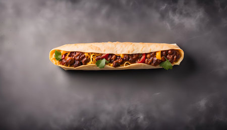 A close-up shot of a chili cheese burrito on a gray background, the burrito is filled with chili, cheese, and vegetables. The photo is taken from a top-down perspective.の写真素材