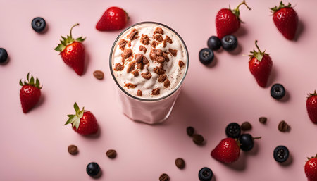 A milkshake with strawberries and coffee beans on a pink background.の写真素材