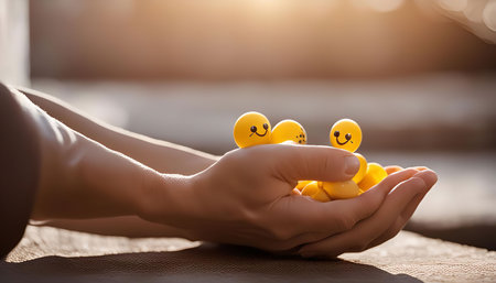 A person's hands gently hold a collection of yellow smiley faces, symbolizing joy, happiness, and positivity.の写真素材