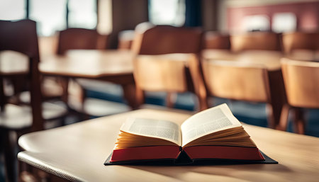 An open book lies on a wooden desk in a library setting with chairs and tables blurred in the background. The scene evokes a sense of learning, knowledge, and quiet contemplation.の写真素材
