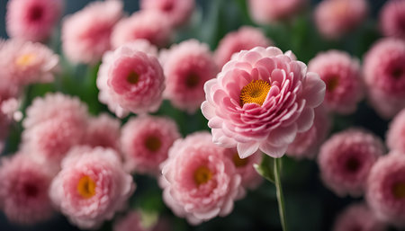 A close-up shot of a cluster of delicate pink flowers, their petals soft and velvety, highlighting...