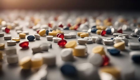 A close-up photograph of scattered pills in various colors and shapes on a gray background.
