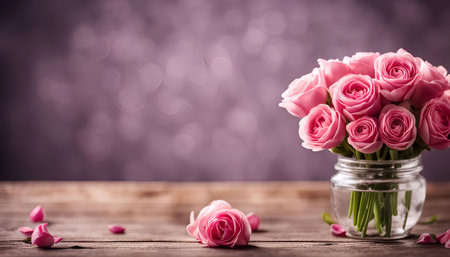 A bouquet of pink roses arranged in a clear glass vase sits on a rustic wooden table. The roses are in full bloom and their delicate petals are soft pink. The background is blurred and a soft, light pink color. The image captures the beauty and fragrance of roses.の写真素材