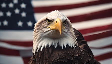 A close-up portrait of an American Bald Eagle with the American flag blurred in the background. The eagle's intense gaze and sharp feathers create a powerful image of American patriotism and national pride.の写真素材