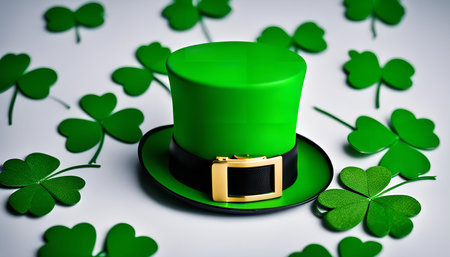 A green leprechaun hat with a gold buckle sits on a white background surrounded by shamrocks.
