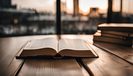 A close-up view of an open book lying flat on a wooden table with blurred cityscape background. The...