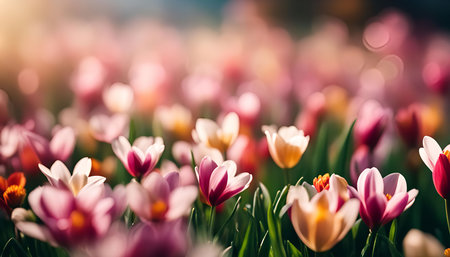 A field of pink and white tulips in full bloom, bathed in the warm sunlight of a spring day.の写真素材