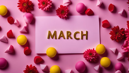 Pink background with decorations and the word 'March' written in gold lettersの写真素材