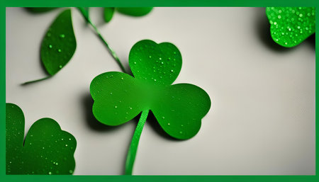 Close-up of green shamrock clover leaves on a white background, with glitter and shiny details.